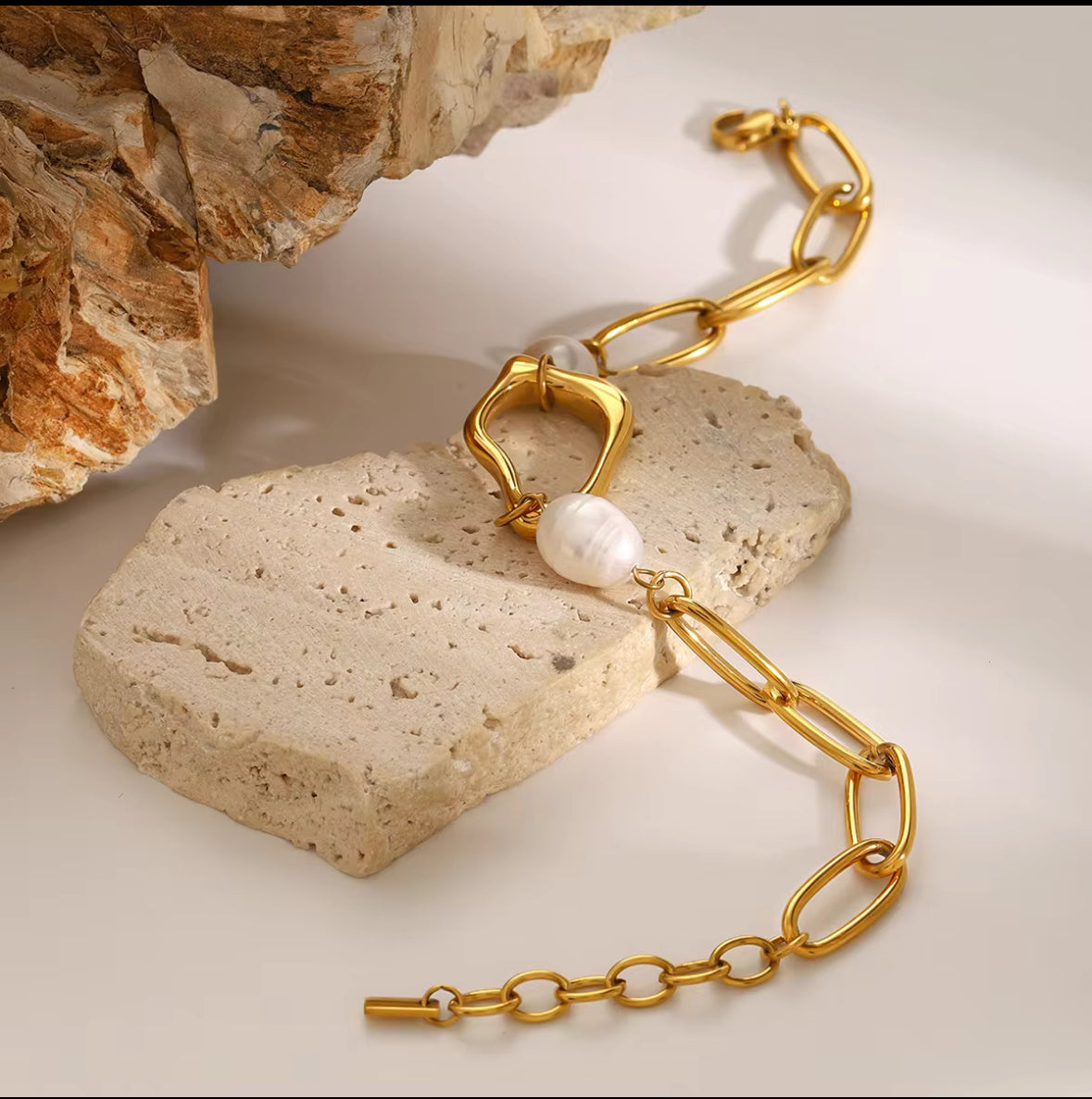 Faye Pearl and Gold Abstract Link Bracelet