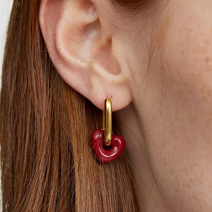Gold-Toned Hoop Earrings with Red Heart