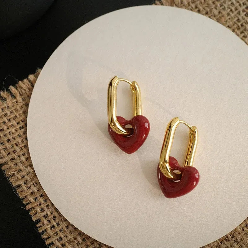 Gold-Toned Hoop Earrings with Red Heart